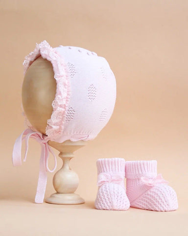 Spanish Baby Girls Pink Knitted Bonnet & Sock Set 0-6 months