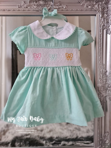 Traditional Girls Mint Smocked Bow Dress - 2-6y