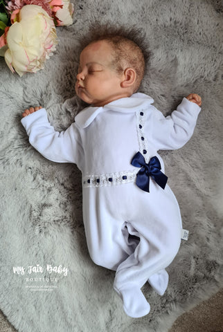 Spanish Baby Girls White & Navy Ribbon Slot Velour Sleepsuit/Babygrow - 1m