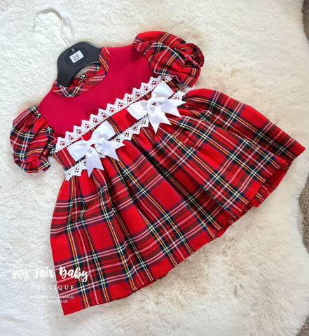 Traditional Girls Red & White Tartan Christmas Bow Dress - 3-6m