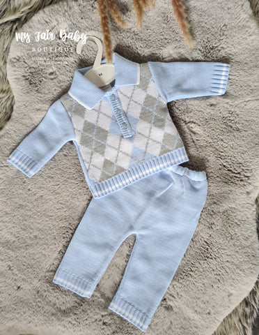 Spanish Baby Boys Blue Argyle Knitted Trouser Set LN4883 - 9-12m