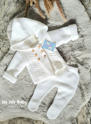 Spanish Unisex Baby White Chunky Knitted Jacket & Trouser Set - 6m