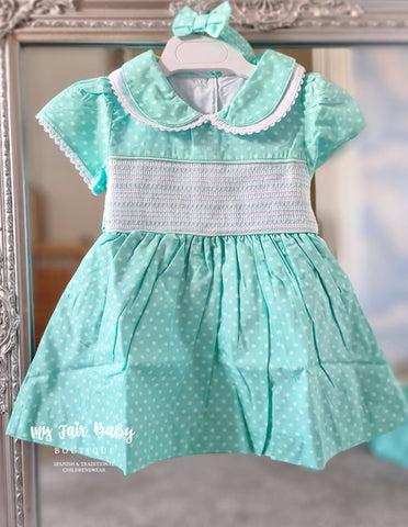 Spanish Girls Mint Green Polkadot Smocked Dress 4240 - 0-6y