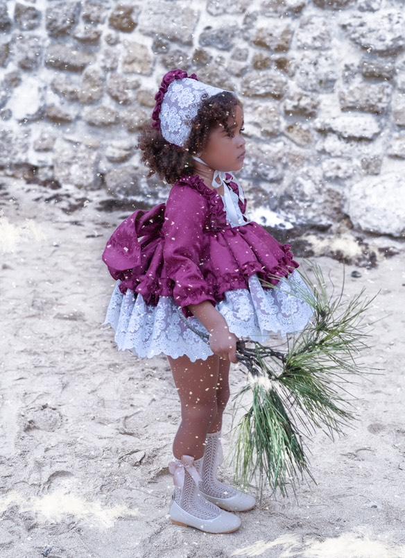 Ela Confeccion AW24 Spanish Girls Burgundy Lace Christmas Dress Set
