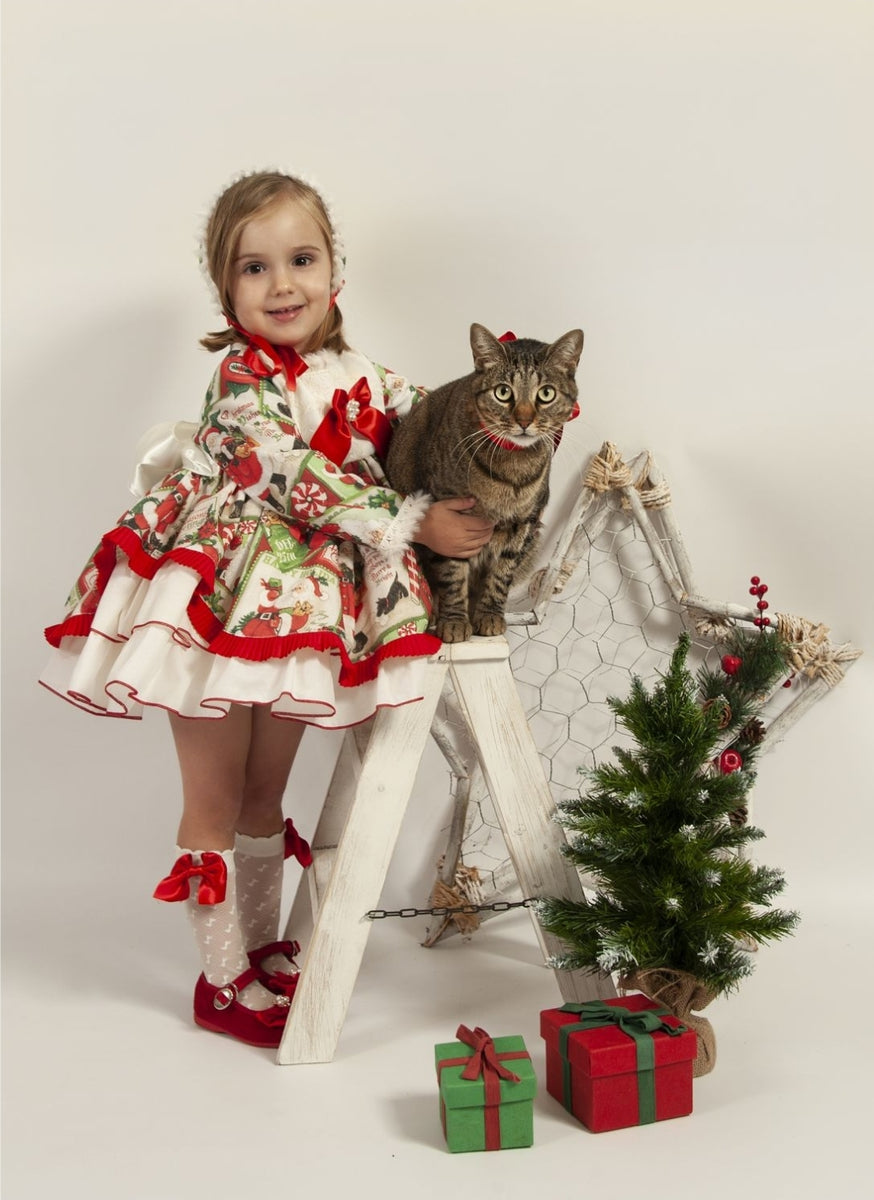 white christmas dresses Sonata Infantil Spanish Girls Santa Christmas Pattern Puffball Dress IN2237
