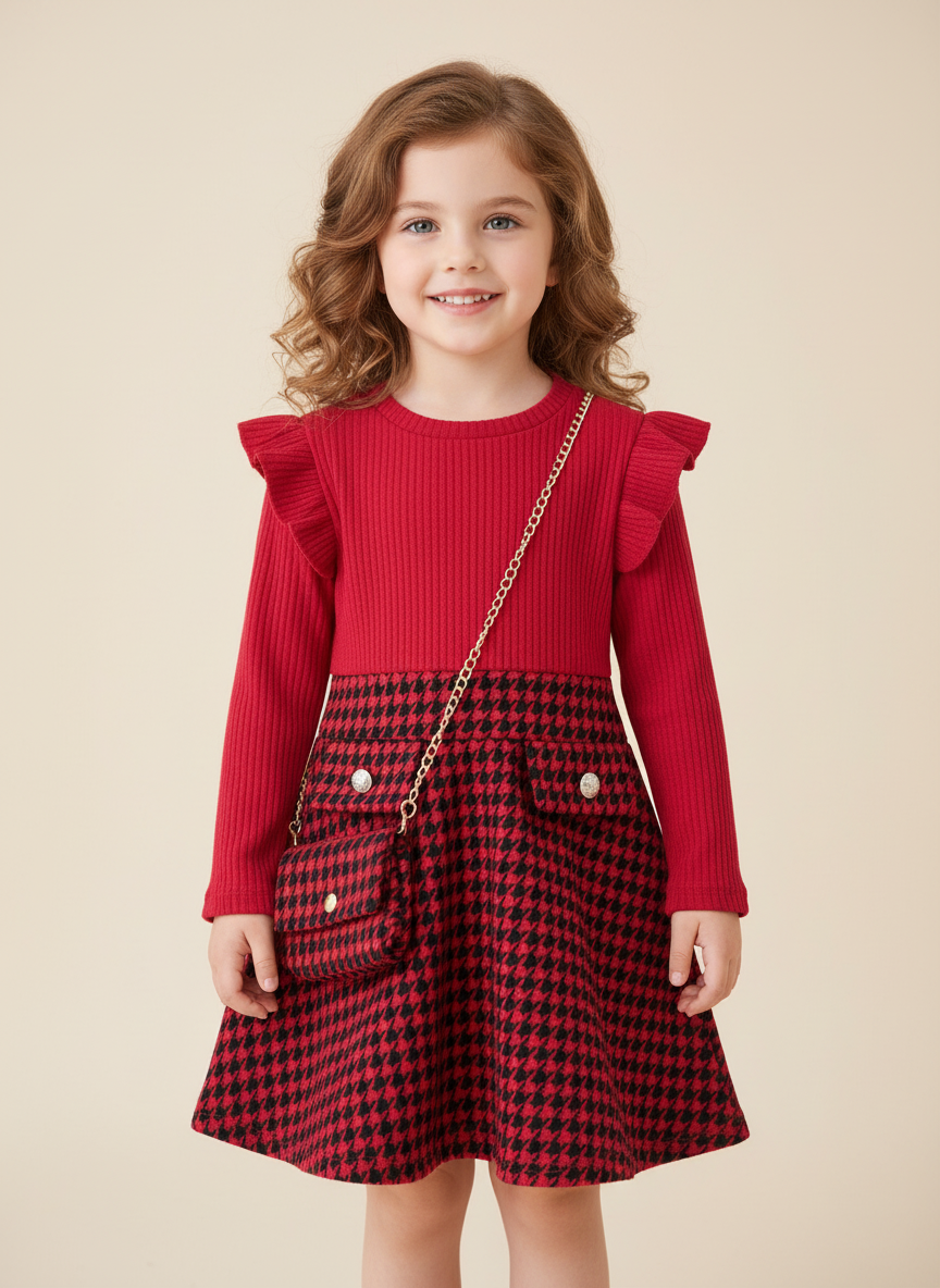 Girls Red Houndstooth Dress & Bag Set ~ 2-12Y 12 Years (12-13y Fit) Girls Red Houndstooth Dress & Bag Set ~ 2-12Y 12 Years (12-13y Fit)