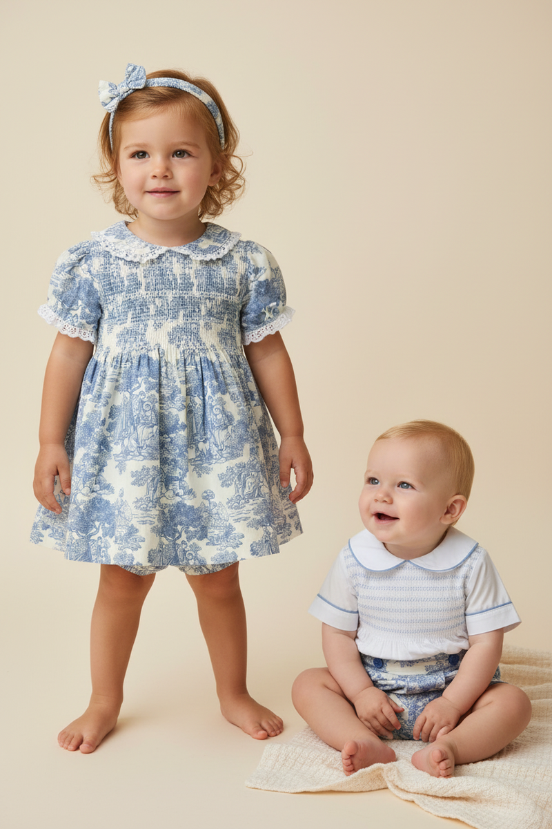 Mabini Traditional Girls Blue Toile Smocked Dress Set MB2620 – My