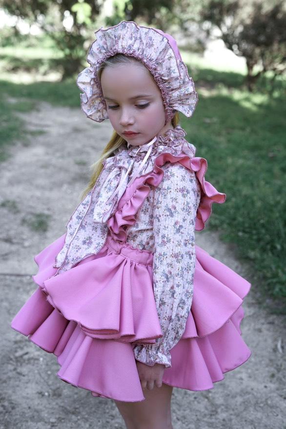 Ela Confeccion AW25 Spanish Girls Pink Floral Dropwaist Dress - MADE TO ORDER 7 years / Dress, Pants, hairbow Ela Confeccion AW25 Spanish Girls Pink Floral Dropwaist Dress - MADE TO ORDER 7 years / Dress, Pants, hairbow