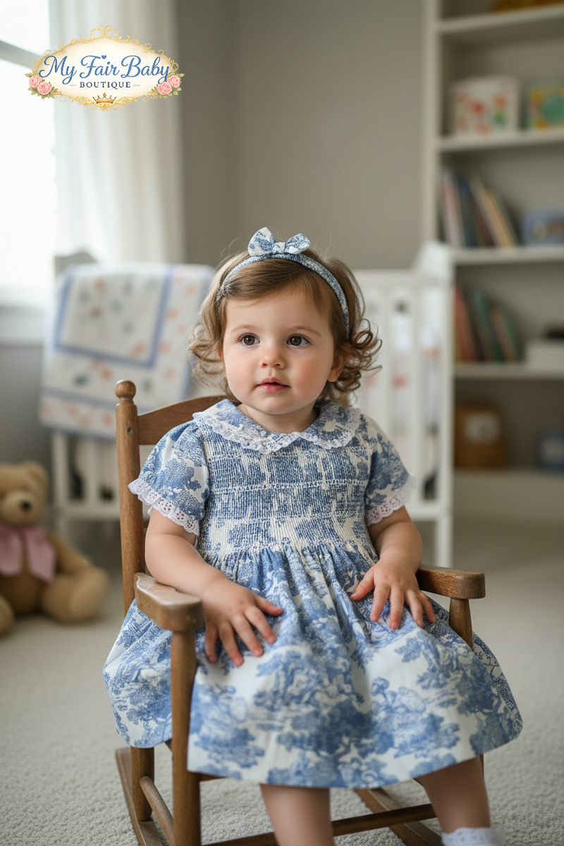 Mabini Traditional Girls Blue Toile Smocked Dress Set MB2620 – My