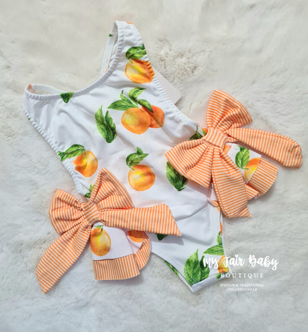 Girls Orange Print Bow Swimsuit