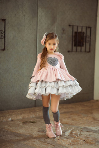 Meriche AW22 Spanish Girls Pink & Grey Donna Puffball Dress - 18m,2,3y