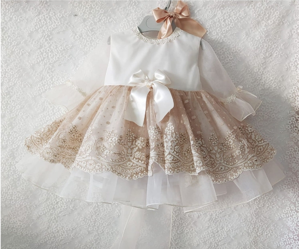 chinese dress ladies Sonata Infantil Spanish Girls Cream & Camel Lace Puffball Dress