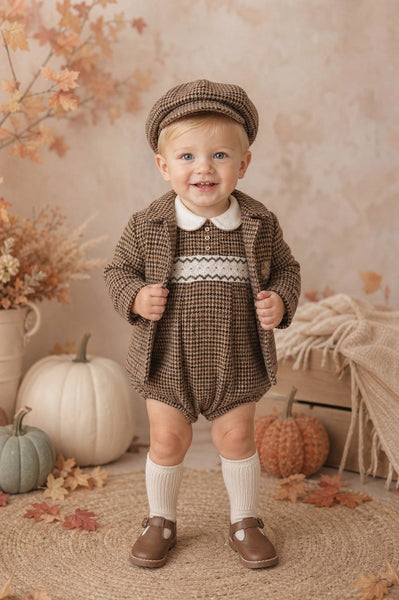 Beau Kid Traditional Baby Boys Brown Tweed Smocked Romper 2501 ~ 0-24m
