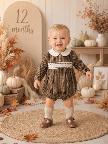 Beau Kid Traditional Baby Boys Brown Tweed Smocked Romper 2501 ~ 0-24m