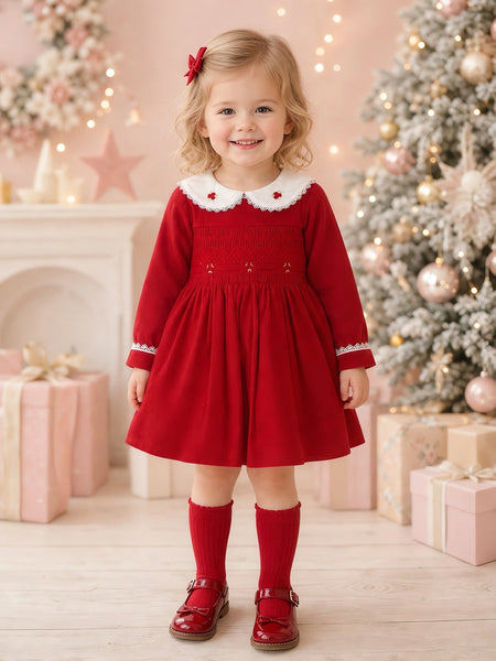 Beau Kid Traditional Girls Red Smocked Christmas Dress 1J2701A - 0m-7y