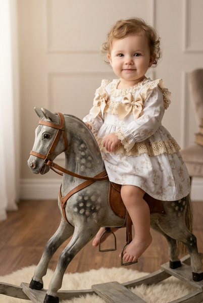 Spanish Baby Girls Vintage Inspired Gold Rocking Horse Dress ~ 3-36m