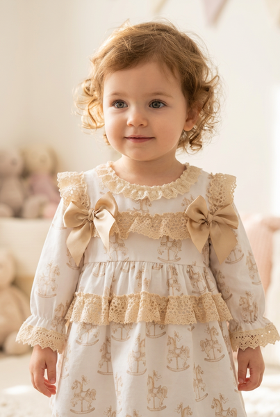 Spanish Baby Girls Vintage Inspired Gold Rocking Horse Dress ~ 3-36m