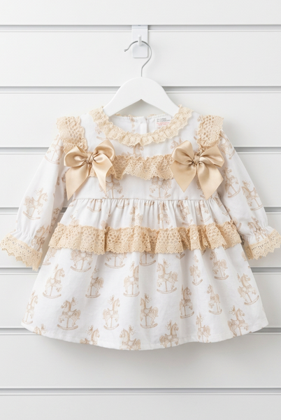 Spanish Baby Girls Vintage Inspired Gold Rocking Horse Dress ~ 3-36m