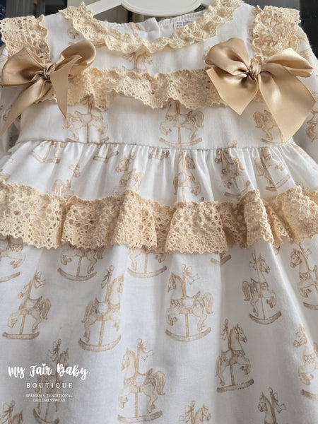 Spanish Baby Girls Vintage Inspired Gold Rocking Horse Dress ~ 3-36m