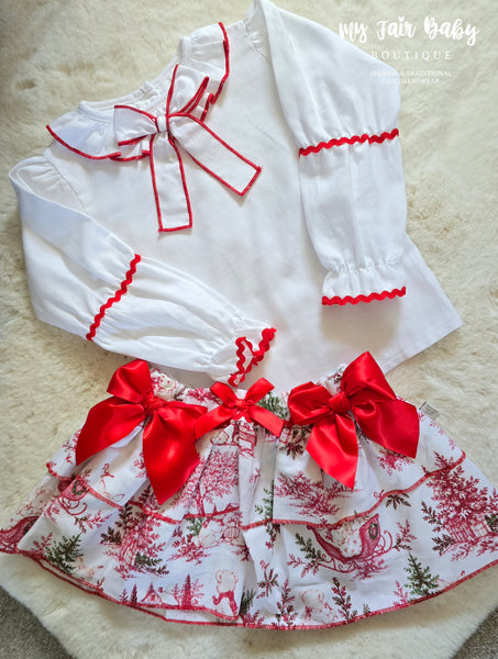 Spanish Girls Red Christmas Print Skirt Set 1970~ 2-6y