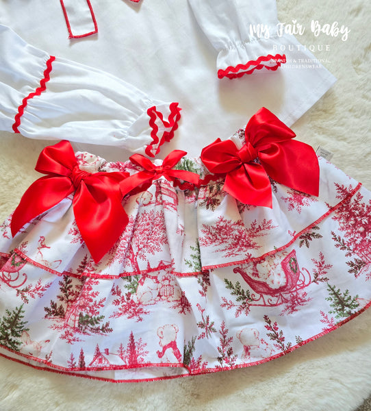 Spanish Girls Red Christmas Print Skirt Set 1970~ 2-6y