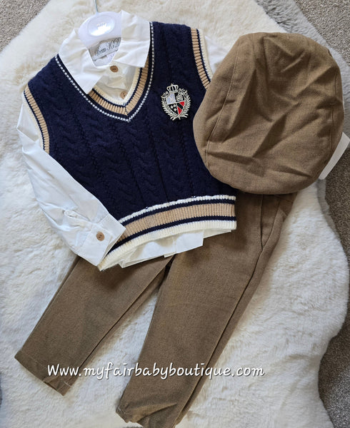Beau Kid Traditional Boys Navy & Camel Tank Top 4pc Set 2802