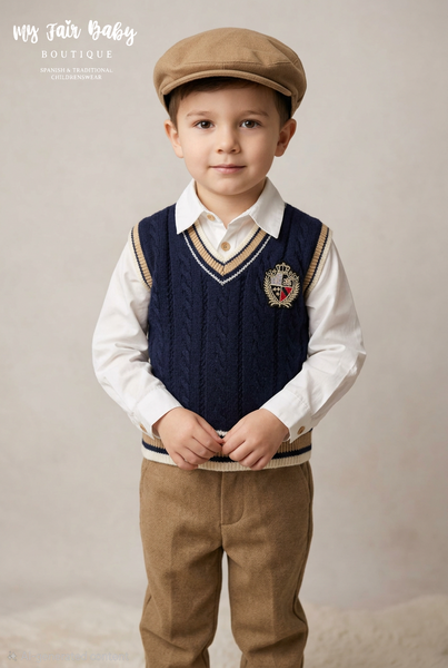 Beau Kid Traditional Boys Navy & Camel Tank Top 4pc Set 2802