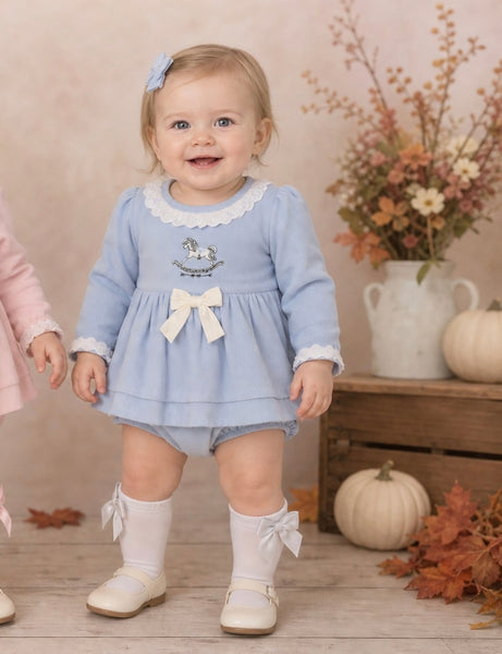 Beau Kid Traditional Baby Girls Blue Rocking Horse Romper 1J2700 ~ 0-24m