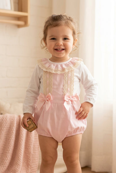Spanish Baby Girls Pink Lace & Bow Dungarees