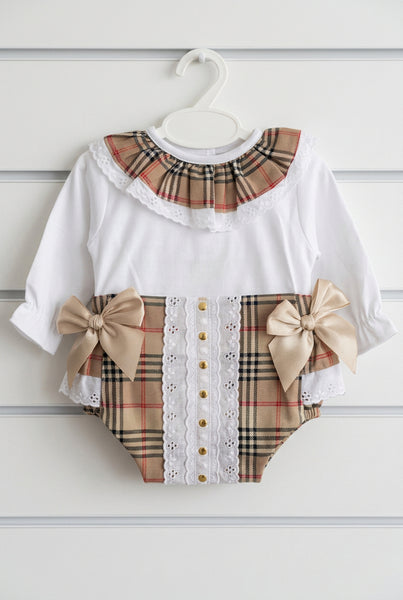 Spanish Baby Girls Beige Tartan Bow Jam Pants - 3-24m