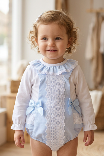 Spanish Baby Girls Blue Lace Trimmed Romper - 3-36m