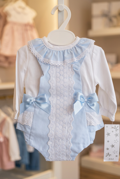 Spanish Baby Girls Blue Lace Trimmed Romper - 3-36m