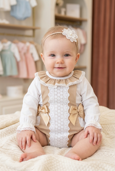 Spanish Baby Girls Camel Lace Trimmed Romper - 3-36m