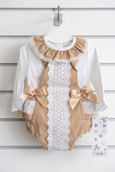 Spanish Baby Girls Camel Lace Trimmed Romper - 3-36m