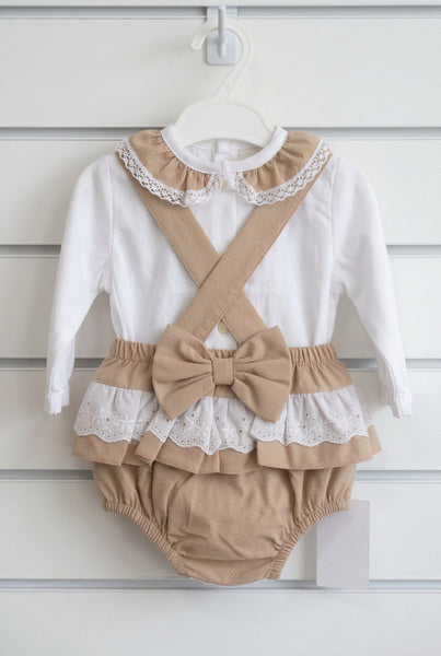 Spanish Baby Girls Camel Lace Trimmed Romper - 3-36m