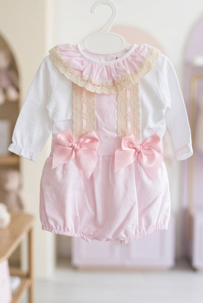 Spanish Baby Girls Pink Lace & Bow Dungarees