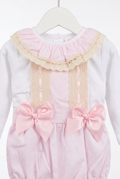 Spanish Baby Girls Pink Lace & Bow Dungarees