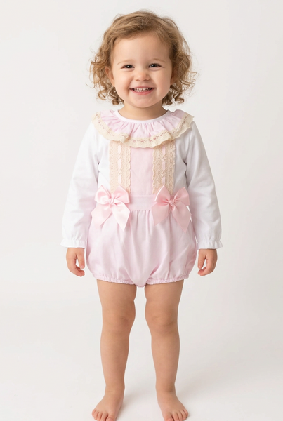 Spanish Baby Girls Pink Lace & Bow Dungarees