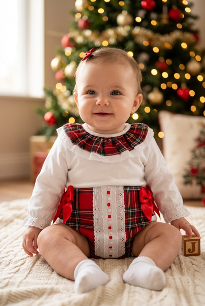 Spanish Baby Girls Red Tartan Bow Jam Pant Set ~ 3-24m