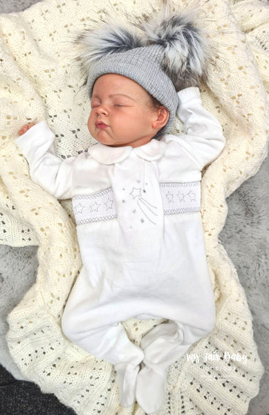 Traditional Unisex Baby White Smocked Star Velour Sleepsuit / Babygrow