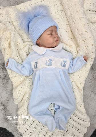 Traditional Baby Boys Blue Fox Velour Sleepsuit/Babygrow
