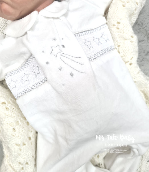 Traditional Unisex Baby White Smocked Star Velour Sleepsuit / Babygrow - 6-9m