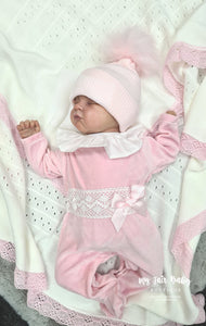 Spanish Baby Girls Lace & Bow Velour Sleepsuit/Babygrow - Pink