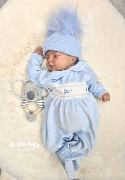 Traditional Baby Boys Blue Plane Velour Sleepsuit/Babygrow