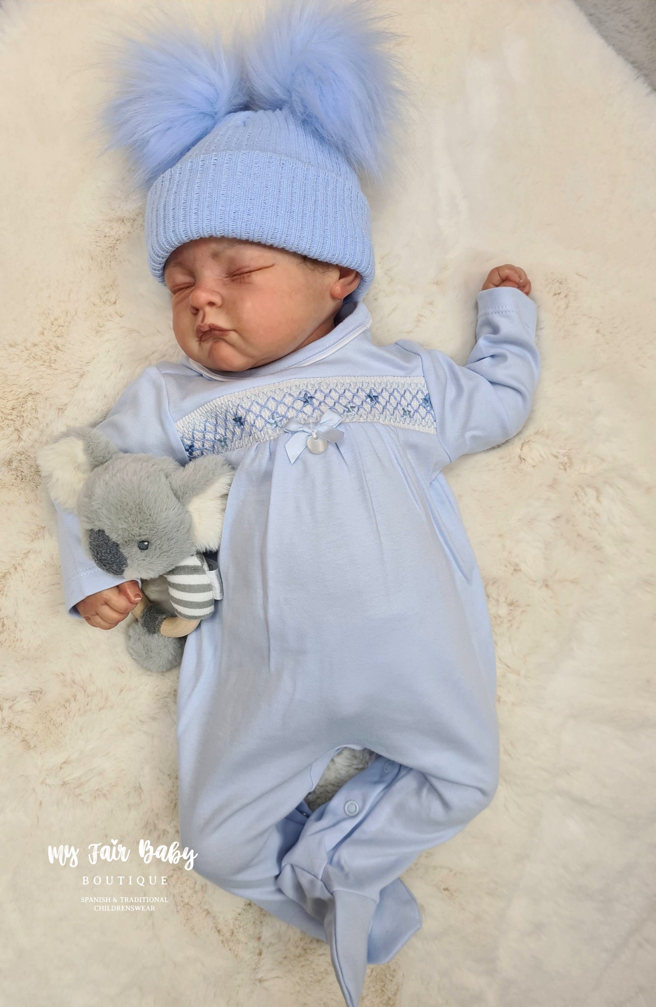 Traditional Baby Boys Blue Smocked Cotton Sleepsuit/Babygrow