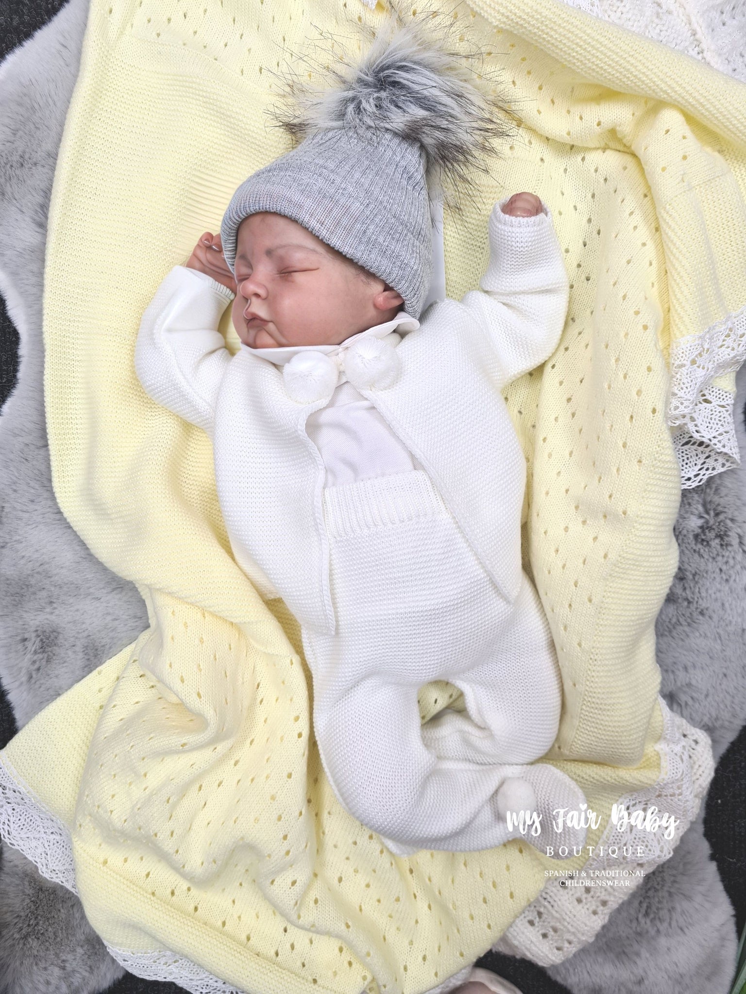 Spanish Unisex Baby White Knitted Pom Pom Trouser & Cardigan Set