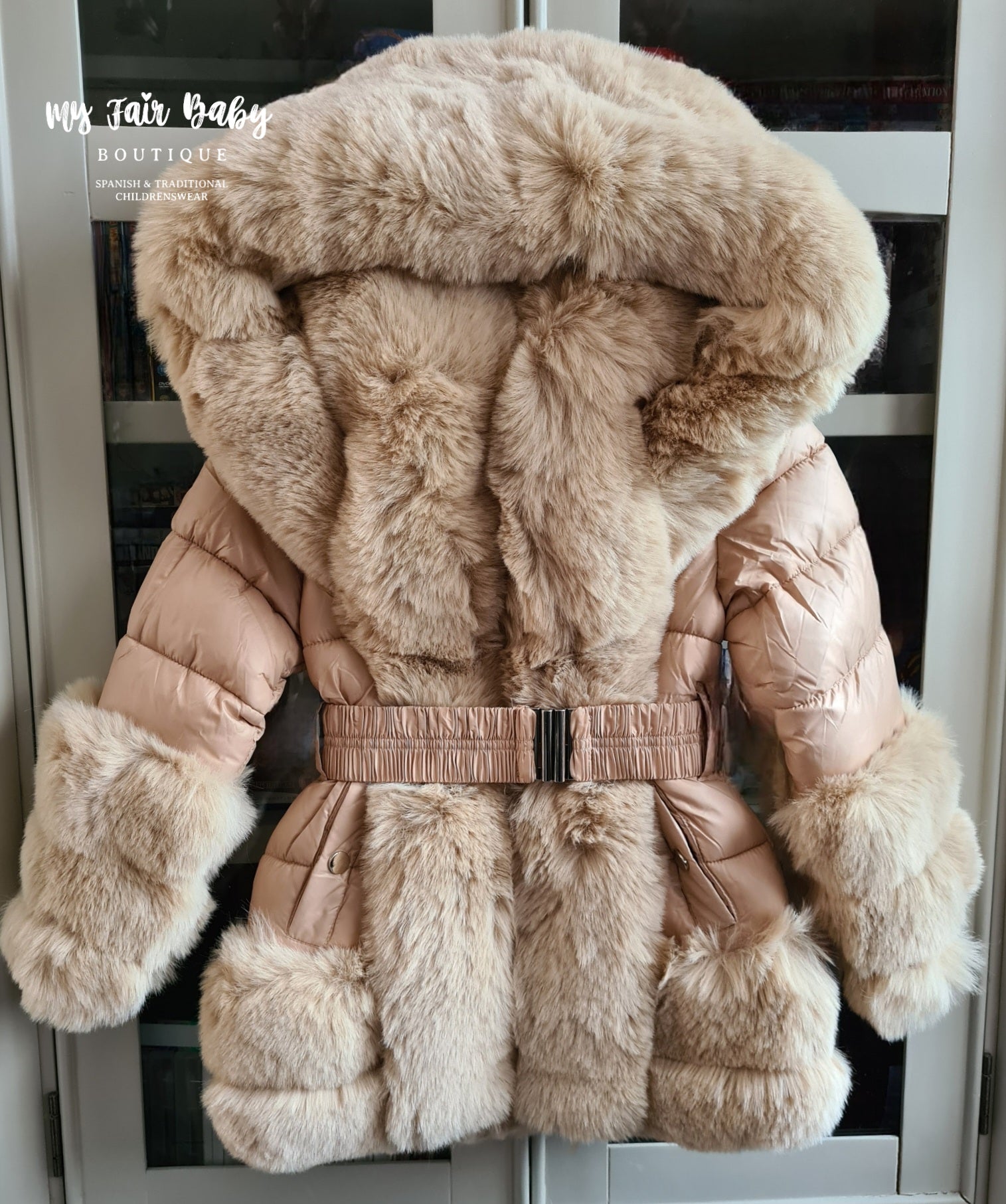 Older Girls AW24 Hooded Fur Puffer Jacket/Coat Beige 12,14y