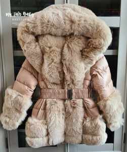 Older Girls AW24 Hooded Fur Puffer Jacket/Coat Beige 12,14y