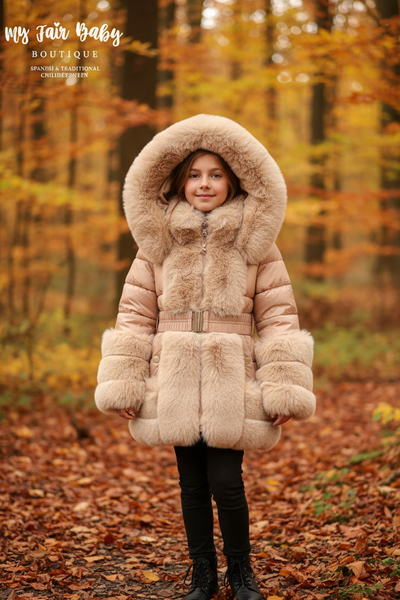 Older Girls AW24 Hooded Fur Puffer Jacket/Coat - Beige ~ 12,14y
