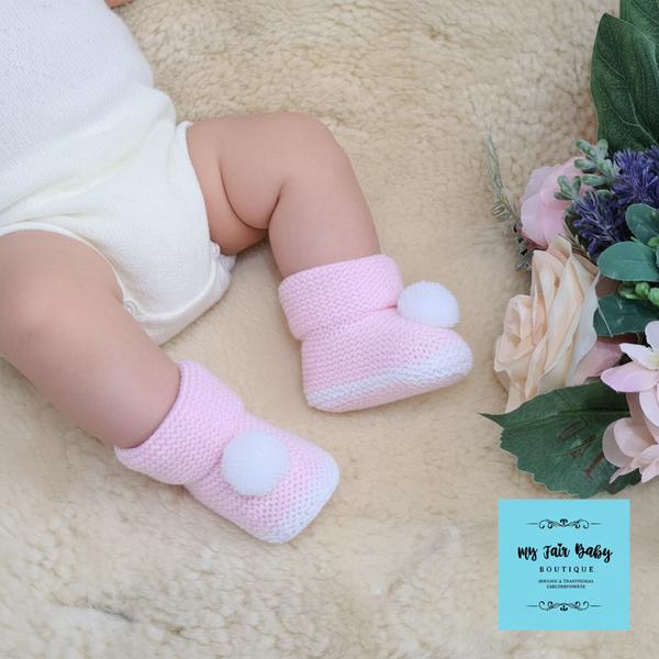 Spanish Knitted Baby Pom Pom Booties ~ 4 Colours ~ 0-3 months